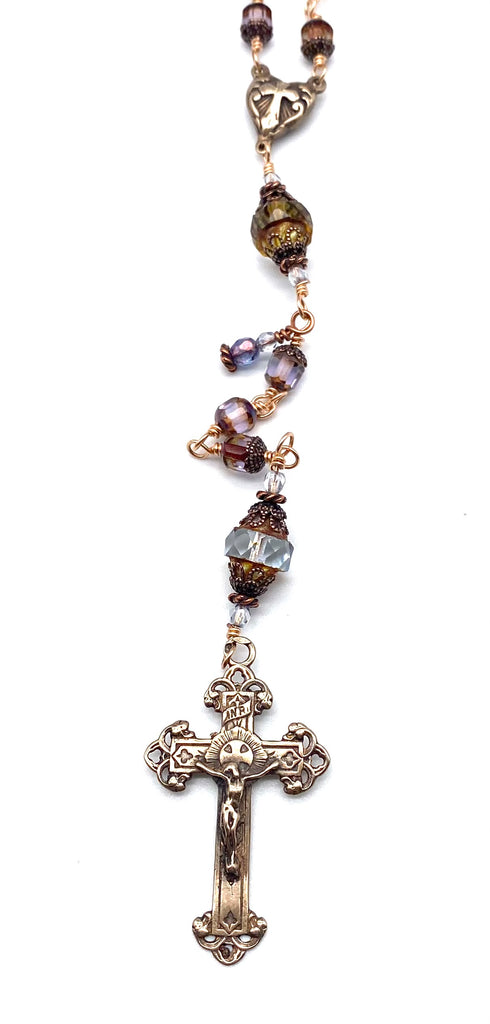 Bright Bronze Alexandrite Czech Glass Wire Wrapped Catholic Heirloom Rosary Medium