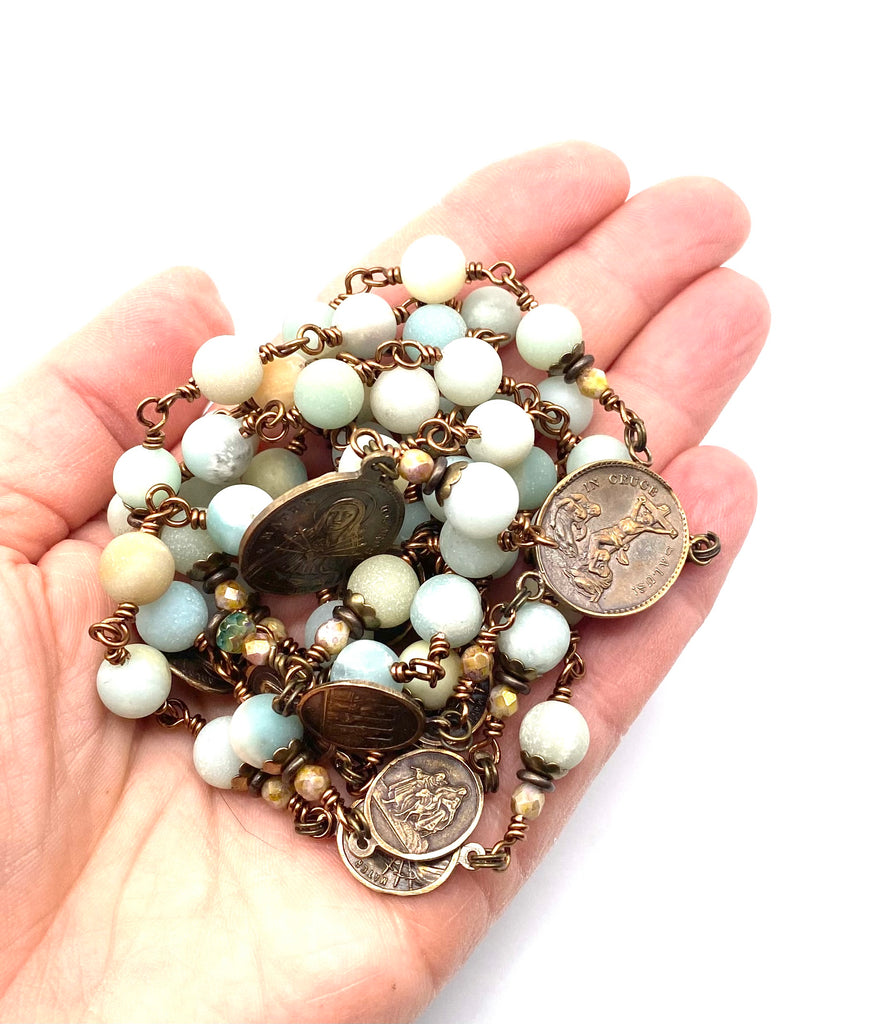 Amazonite Matte Gemstone Wire Wrapped Catholic Heirloom Rosary of the Seven Sorrows LARGE