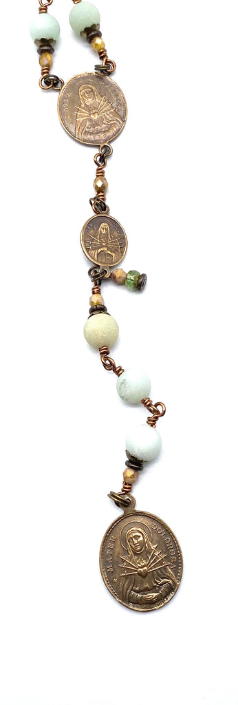 Amazonite Matte Gemstone Wire Wrapped Catholic Heirloom Rosary of the Seven Sorrows LARGE