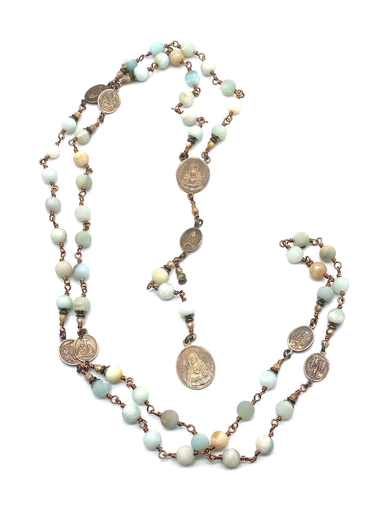 Amazonite Matte Gemstone Wire Wrapped Catholic Heirloom Rosary of the Seven Sorrows LARGE