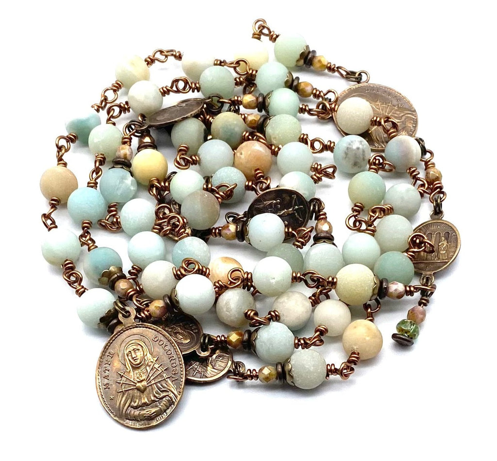 Amazonite Matte Gemstone Wire Wrapped Catholic Heirloom Rosary of the Seven Sorrows LARGE