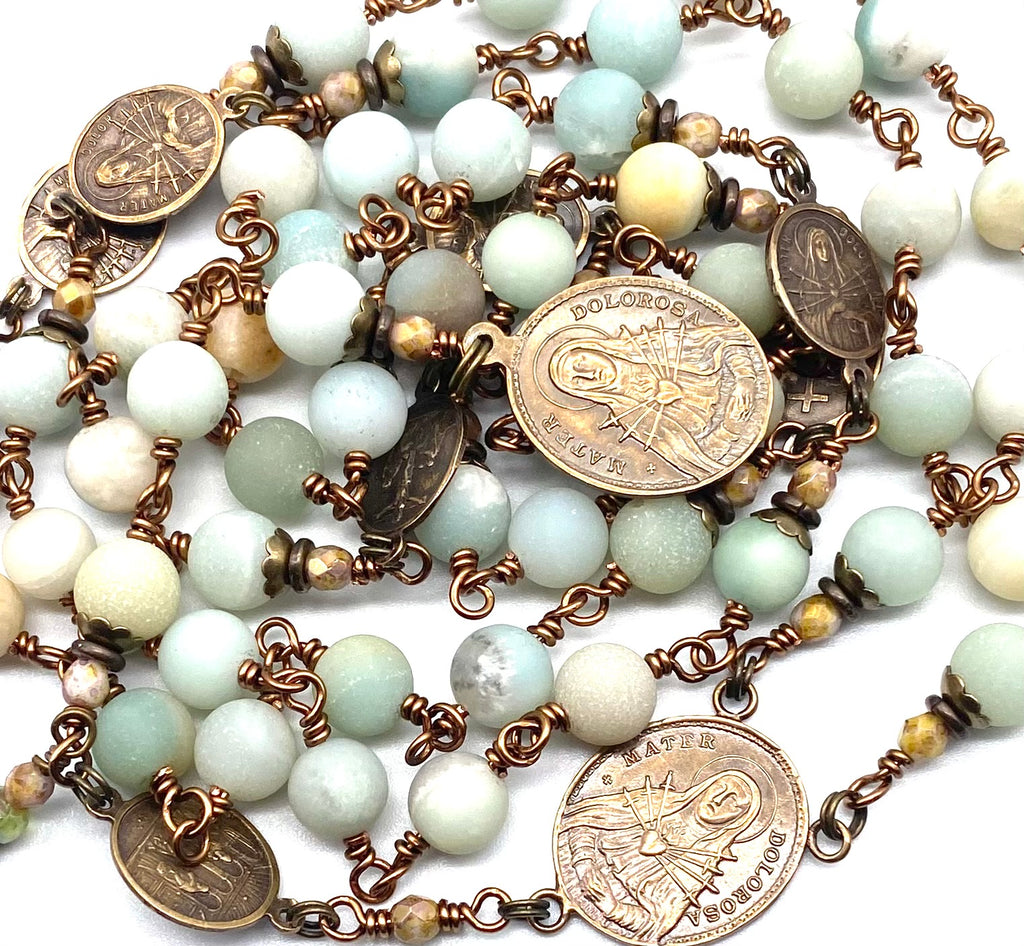 Amazonite Matte Gemstone Wire Wrapped Catholic Heirloom Rosary of the Seven Sorrows LARGE