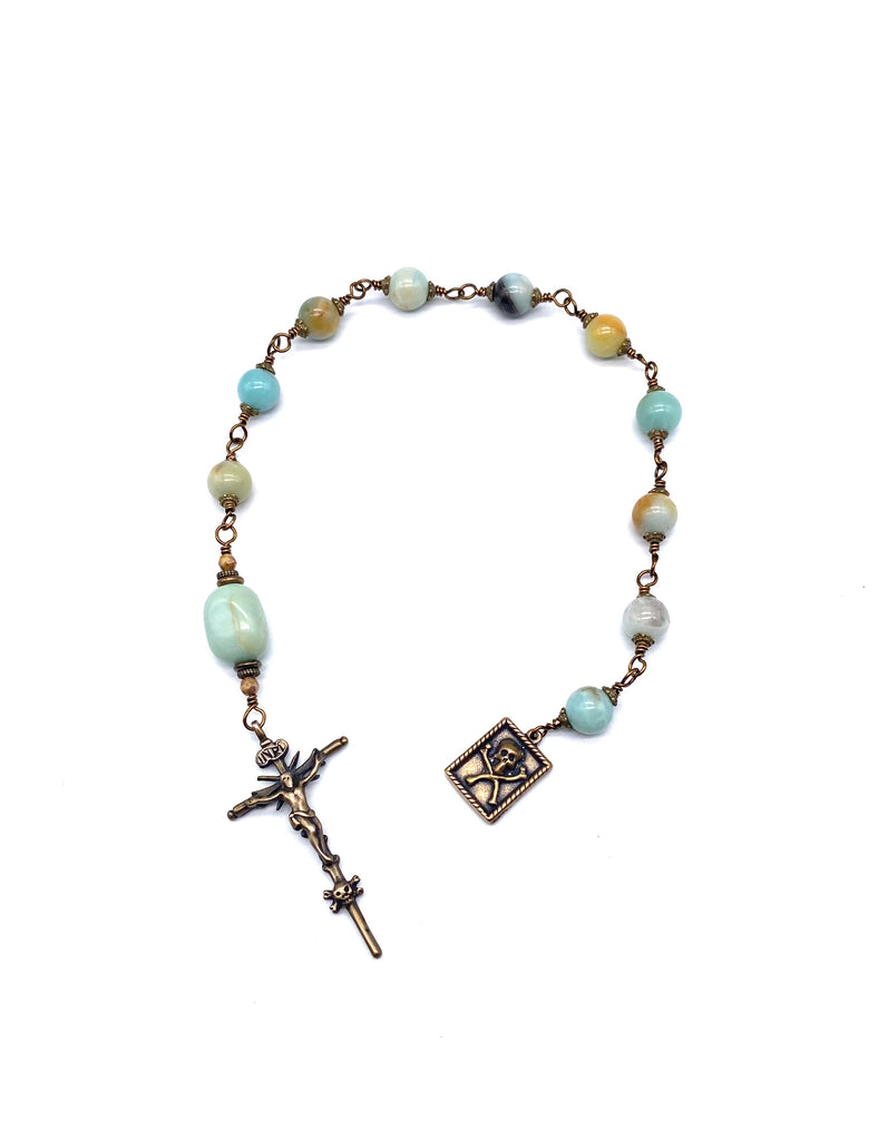 Amazonite Gemstone BIG BEAD Wire Wrapped Catholic Heirloom "Memento Mori" Tenner Rosary