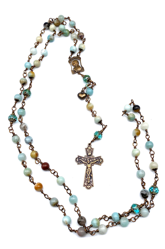 Amazonite Gemstone Wire Wrapped Catholic Heirloom Rosary Large