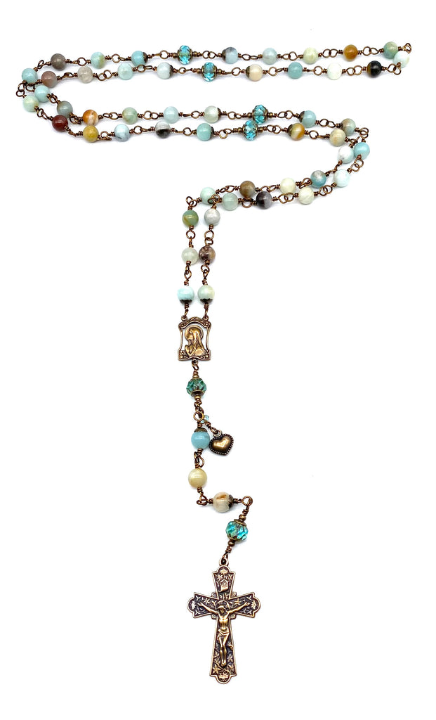 Amazonite Gemstone Wire Wrapped Catholic Heirloom Rosary Large