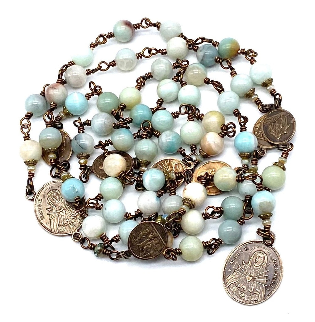 Amazonite Gemstone Wire Wrapped Catholic Heirloom Rosary of the Seven Sorrows LARGE