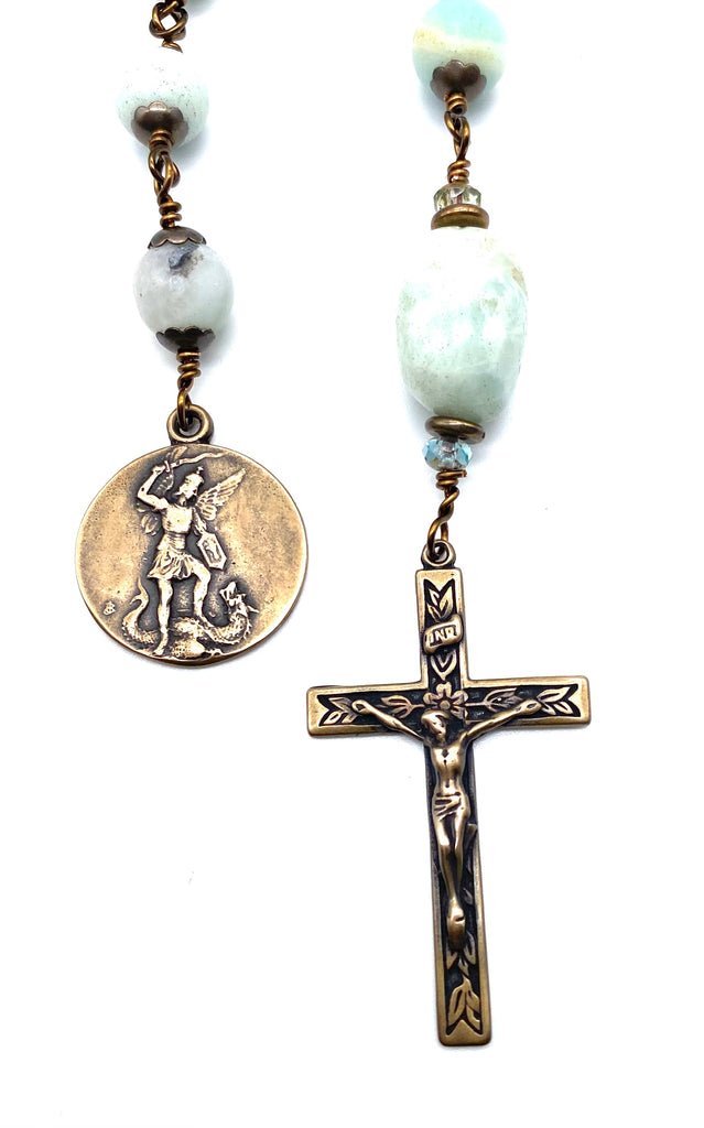 Amazonite Matte Gemstone BIG BEAD Wire Wrapped Catholic Tenner Rosary