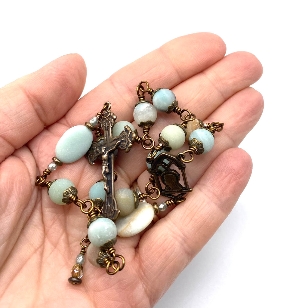 Amazonite Matte Gemstone Wire Wrapped Catholic Heirloom Travel Rosary