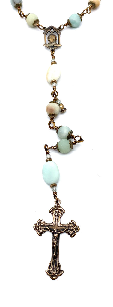 Amazonite Matte Gemstone Wire Wrapped Catholic Heirloom Travel Rosary