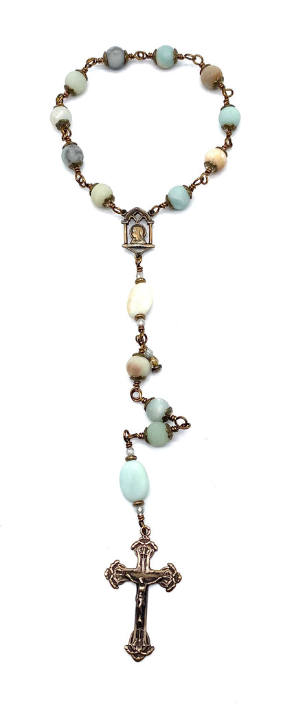 Amazonite Matte Gemstone Wire Wrapped Catholic Heirloom Travel Rosary