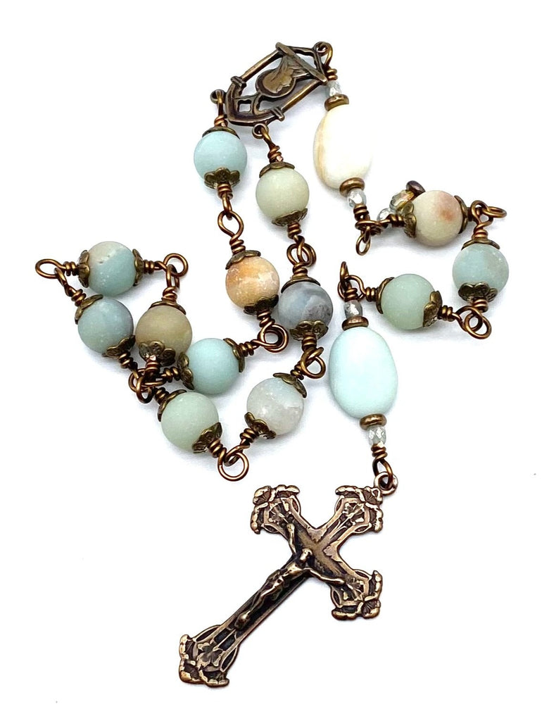 Amazonite Matte Gemstone Wire Wrapped Catholic Heirloom Travel Rosary