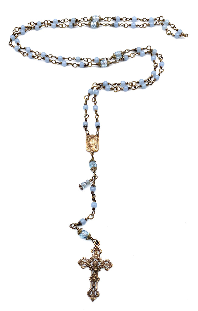 Angelite Gemstone Wire Wrapped Catholic Heirloom Rosary PETITE