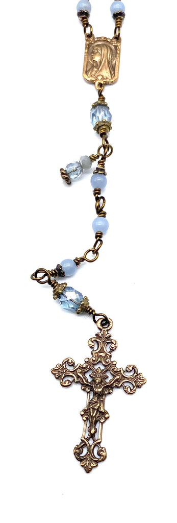 Angelite Gemstone Wire Wrapped Catholic Heirloom Rosary PETITE
