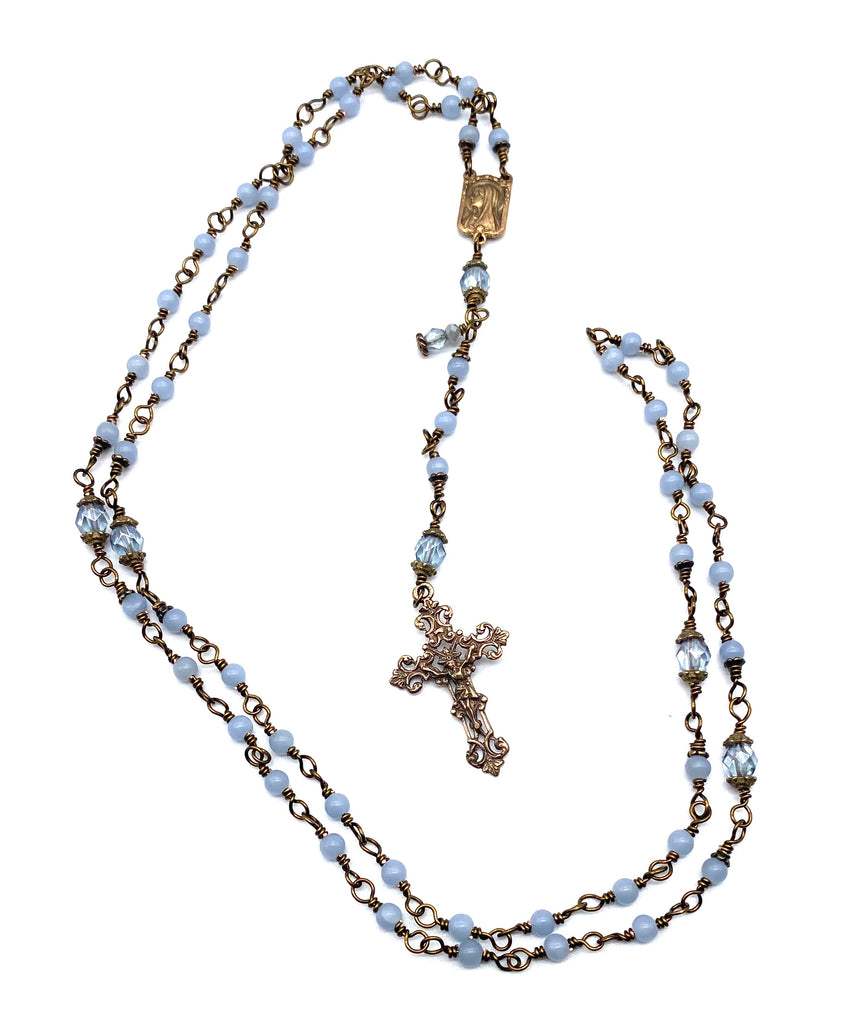 Angelite Gemstone Wire Wrapped Catholic Heirloom Rosary PETITE