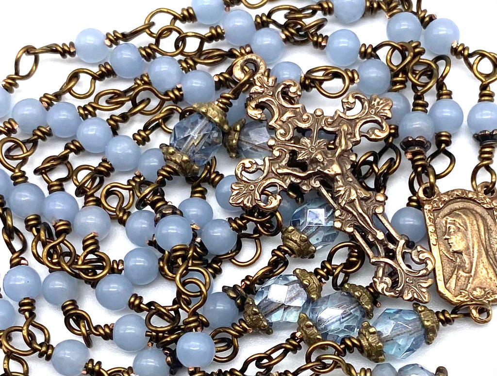 Angelite Gemstone Wire Wrapped Catholic Heirloom Rosary PETITE