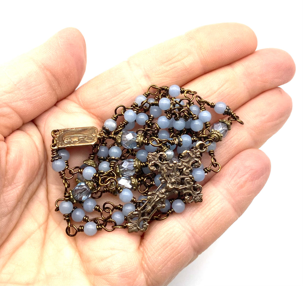Angelite Gemstone Wire Wrapped Catholic Heirloom Rosary PETITE