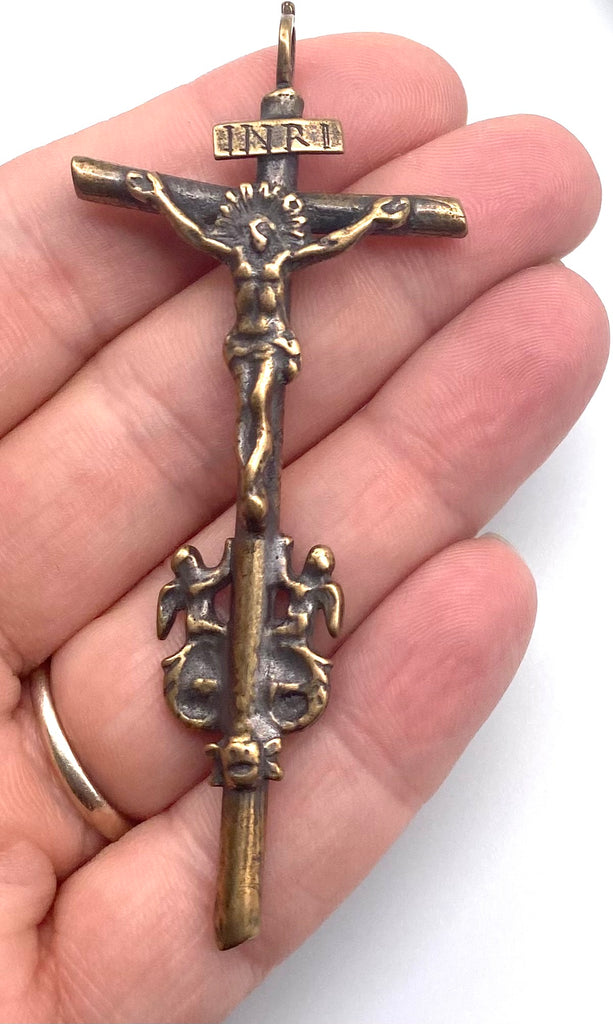 Solid Bronze ANTIQUE ANGEL 18C Rosary Crucifix Antique Vintage Reproduction #PG4135