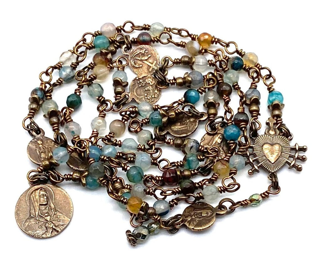 Aqua Agate Wire Wrapped Catholic Heirloom Rosary of the Seven Sorrows PETITE