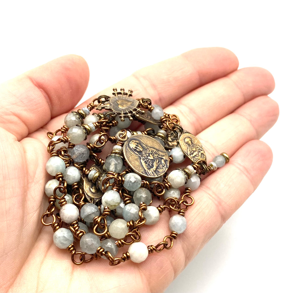 Natural Blue Aquamarine Gemstone Catholic Heirloom Rosary of the Seven Sorrows Med