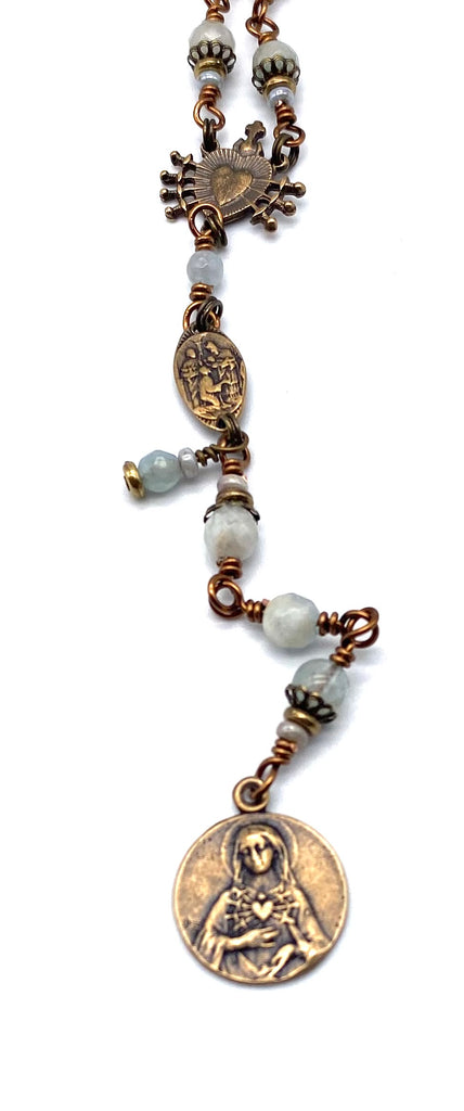 Natural Blue Aquamarine Gemstone Catholic Heirloom Rosary of the Seven Sorrows Med