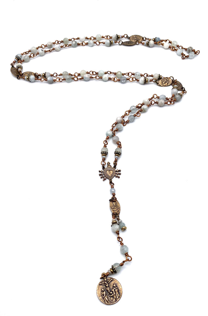 Natural Blue Aquamarine Gemstone Catholic Heirloom Rosary of the Seven Sorrows Med