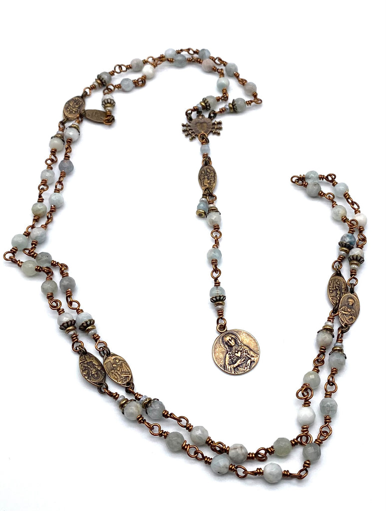 Natural Blue Aquamarine Gemstone Catholic Heirloom Rosary of the Seven Sorrows Med