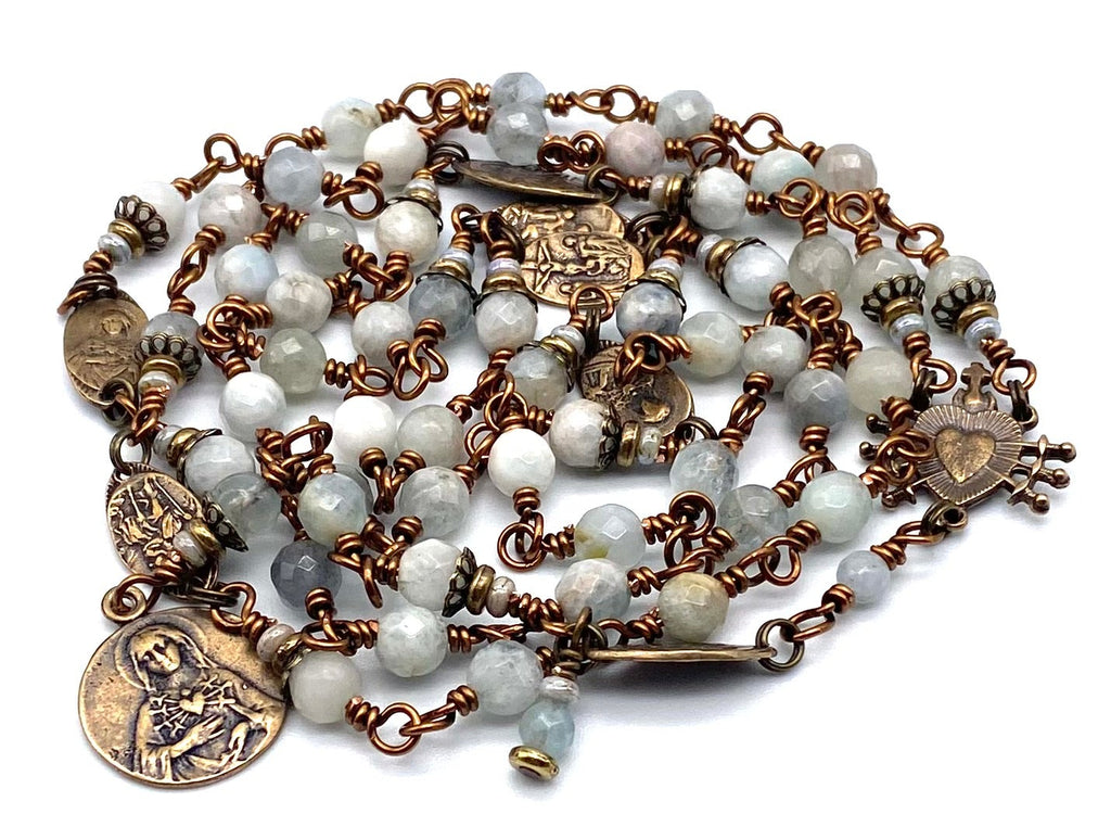 Natural Blue Aquamarine Gemstone Catholic Heirloom Rosary of the Seven Sorrows Med