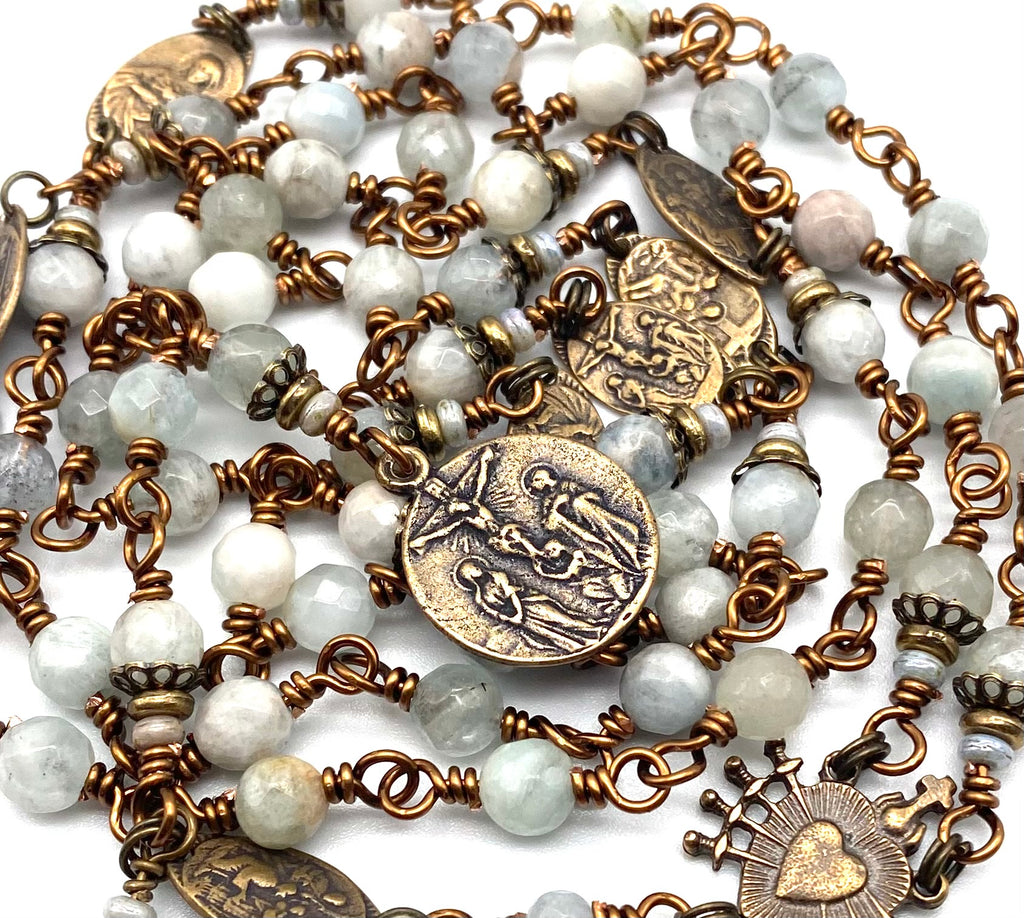 Natural Blue Aquamarine Gemstone Catholic Heirloom Rosary of the Seven Sorrows Med