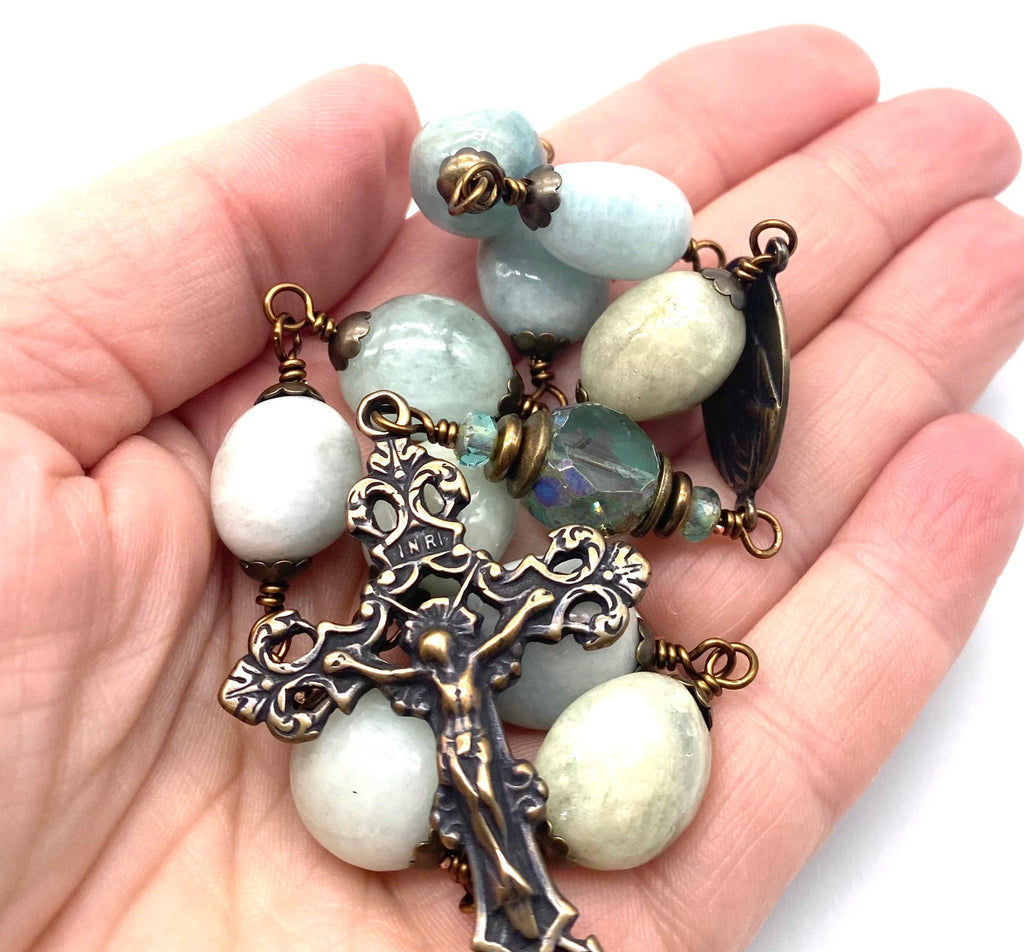 Aquamarine Gemstone Big Bead Wire Wrapped Catholic Heirloom Travel Rosary