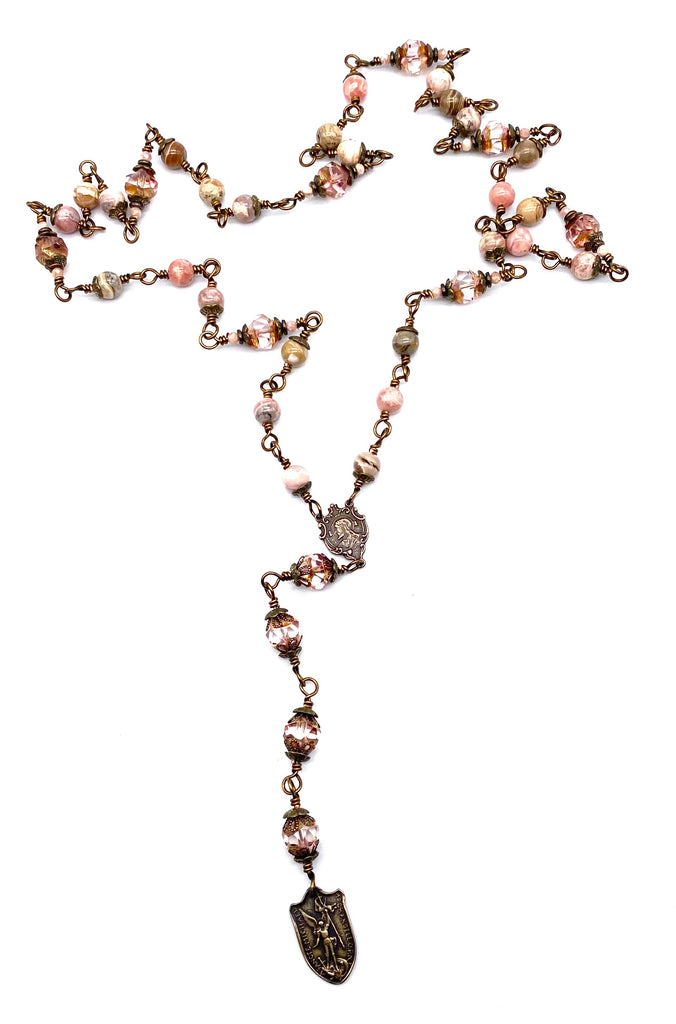 Argentina Lace Rhodochrosite Gemstone Wire Wrapped Catholic Heirloom Chaplet of Saint Michael Medium