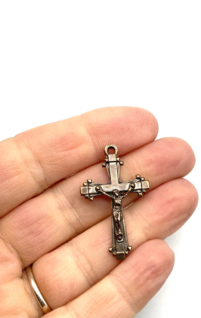 Solid Bronze ART DECO WITH RIVETS Rosary Crucifix Antique Vintage Reproduction #PG3183