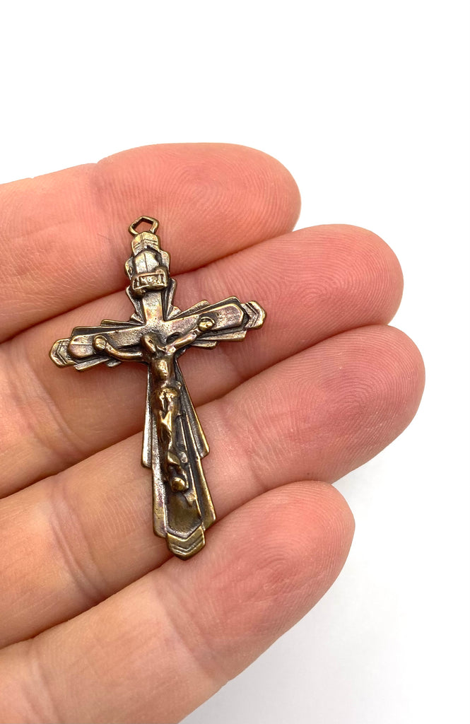 Solid Bronze ART DECO RAISED LINES Crucifix, Rosary Parts, Catholic Pendant Jewelry, Religious Charm, Antique/Vintage Reproduction #PG3155