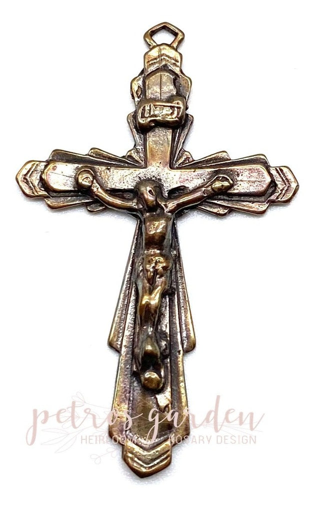 Solid Bronze ART DECO RAISED LINES Crucifix, Rosary Parts, Catholic Pendant Jewelry, Religious Charm, Antique/Vintage Reproduction #PG3155