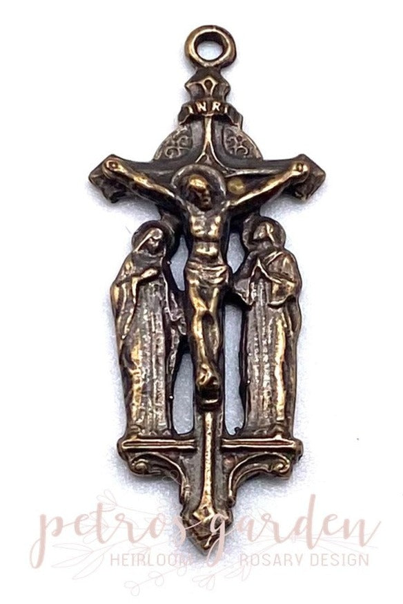 Solid Bronze AT THE FOOT OF THE CROSS Crucifix, Rosary Parts, Catholic Pendant Jewelry, Religious Charm, Antique/Vintage Reproduction #PG3147