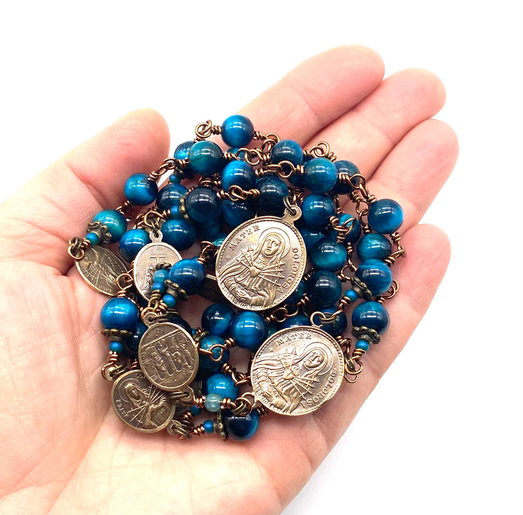 Azure Blue Tiger Eye Gemstone Catholic Heirloom Rosary of the Seven Sorrows LARGE