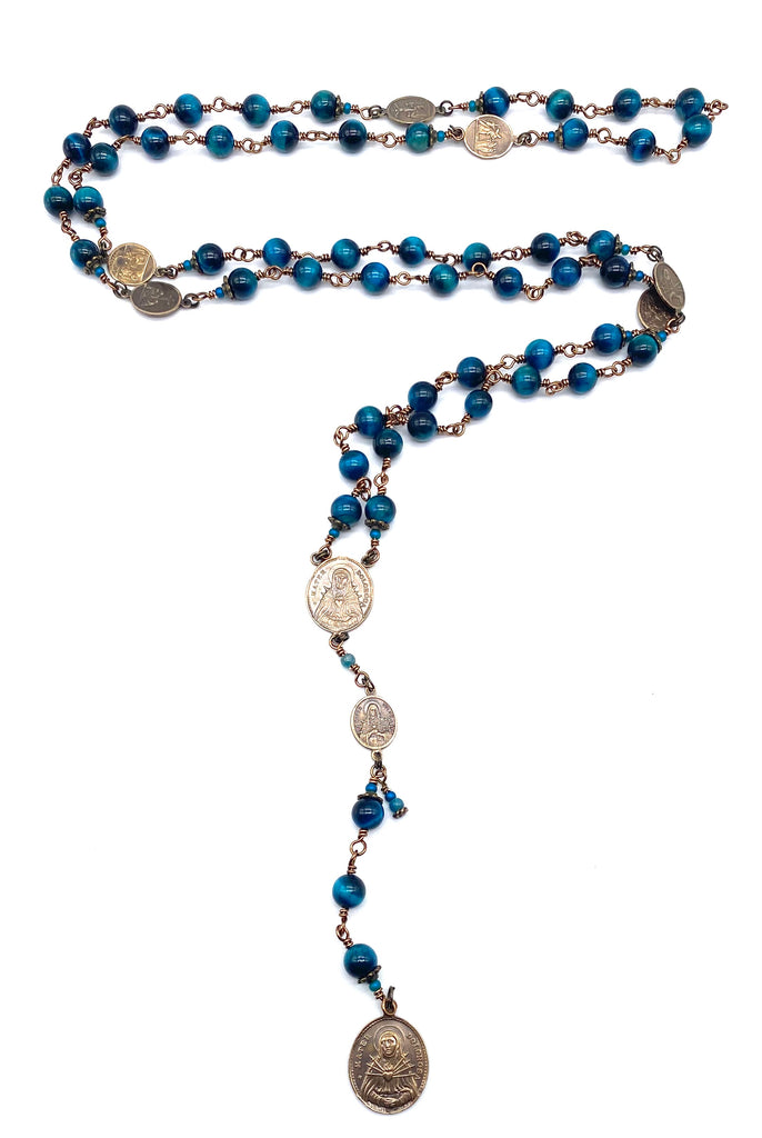Azure Blue Tiger Eye Gemstone Catholic Heirloom Rosary of the Seven Sorrows LARGE