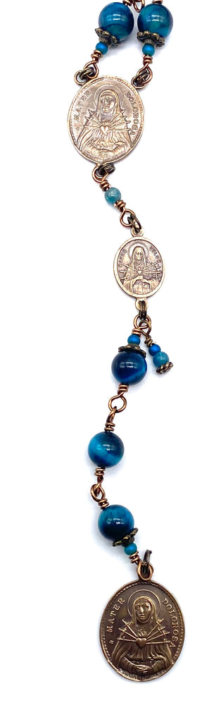 Azure Blue Tiger Eye Gemstone Catholic Heirloom Rosary of the Seven Sorrows LARGE