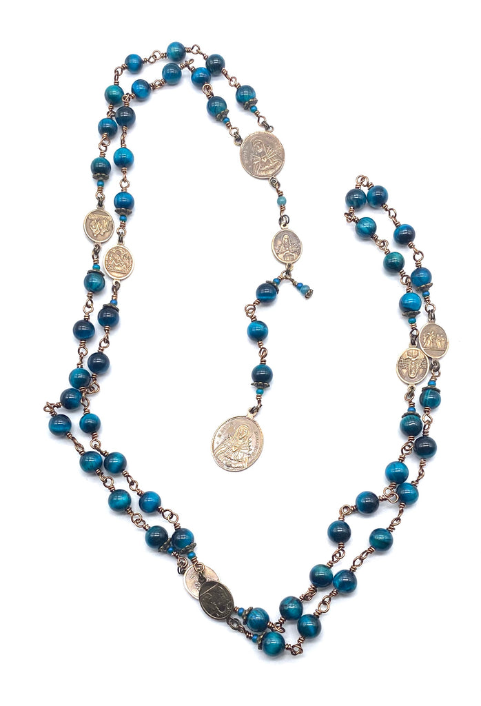 Azure Blue Tiger Eye Gemstone Catholic Heirloom Rosary of the Seven Sorrows LARGE