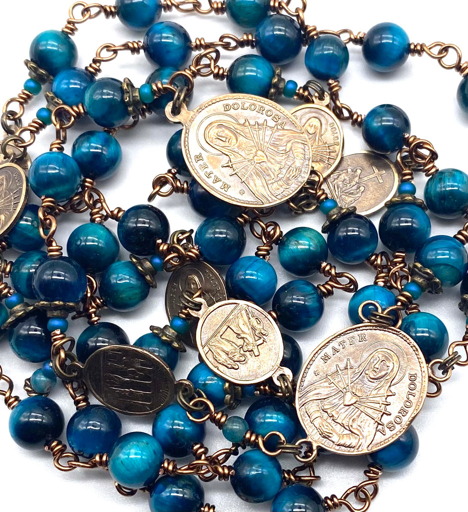 Azure Blue Tiger Eye Gemstone Catholic Heirloom Rosary of the Seven Sorrows LARGE