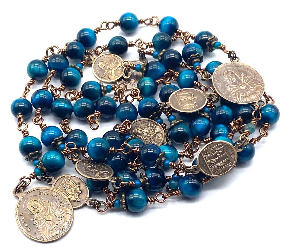 Azure Blue Tiger Eye Gemstone Catholic Heirloom Rosary of the Seven Sorrows LARGE