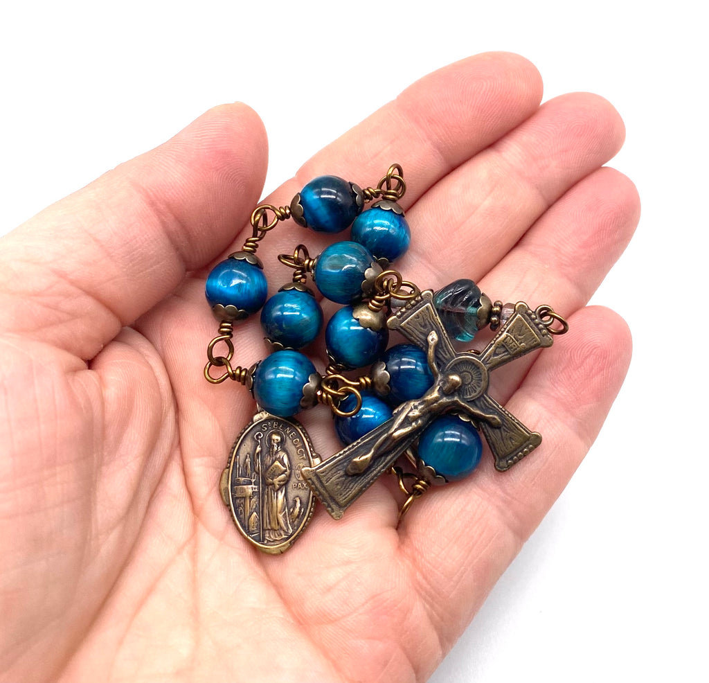 Azure Blue Tiger Eye Quartz Gemstone Wire Wrapped Catholic Heirloom Tenner Rosary