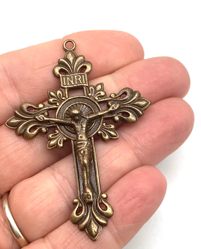 Solid Bronze BAROQUE LARGE Rosary Crucifix Antique Vintage Reproduction #PG4129