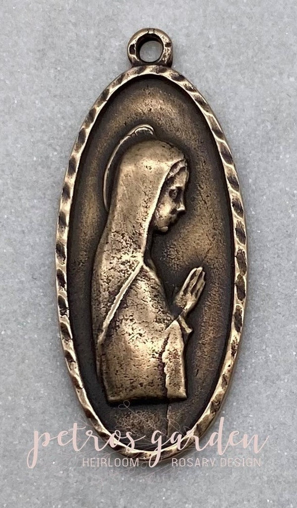 Solid Bronze BEAUTIFUL MARY With ROPE BORDER Catholic Medal, Rosary Parts, Religious Charms, Antique/Vintage Reproduction #PG7146