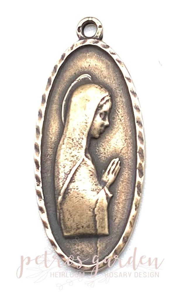 Solid Bronze BEAUTIFUL MARY With ROPE BORDER Catholic Medal, Rosary Parts, Religious Charms, Antique/Vintage Reproduction #PG7146