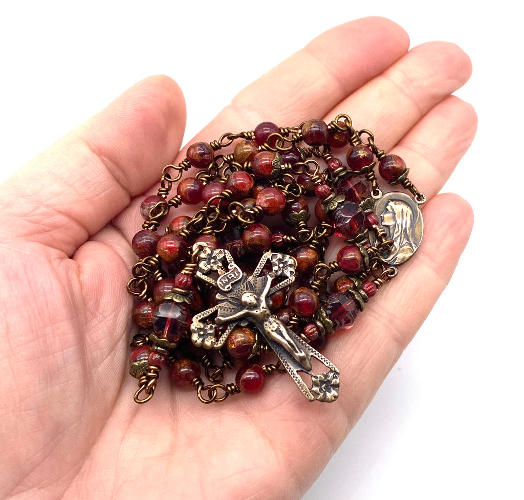 Berry Opal with Bronzite Gemstone Wire Wrapped Catholic Heirloom Rosary Medium