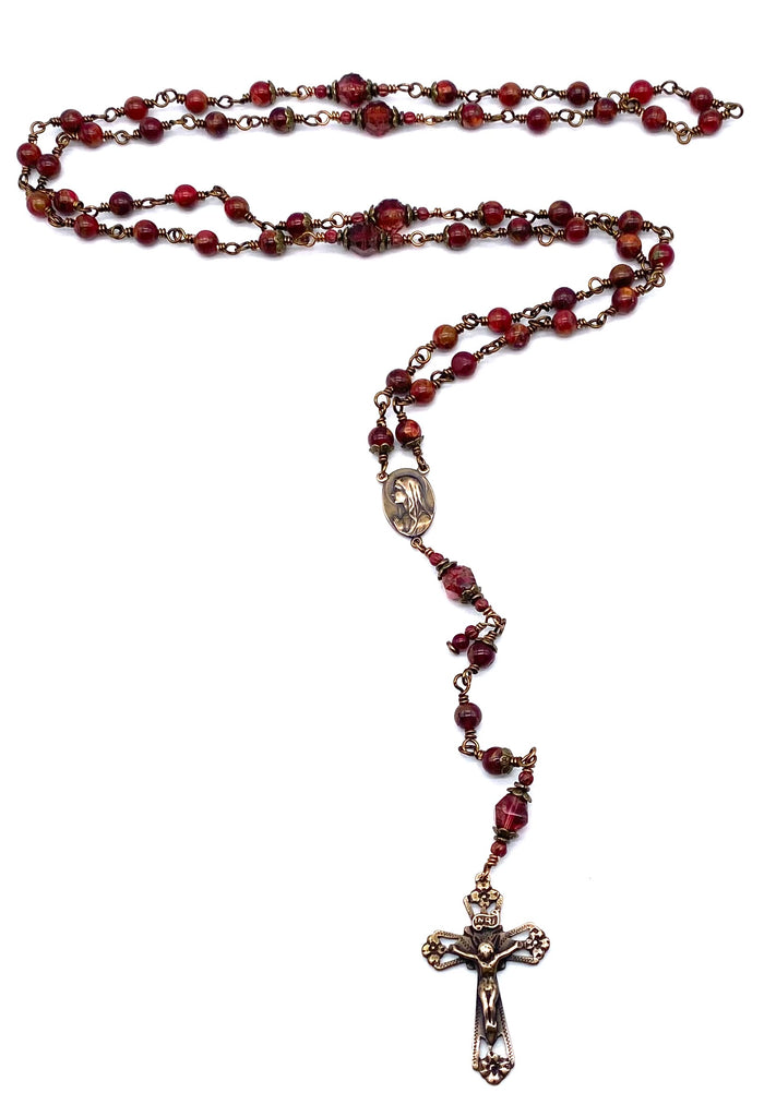 Berry Opal with Bronzite Gemstone Wire Wrapped Catholic Heirloom Rosary Medium