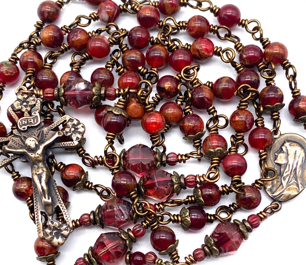 Berry Opal with Bronzite Gemstone Wire Wrapped Catholic Heirloom Rosary Medium