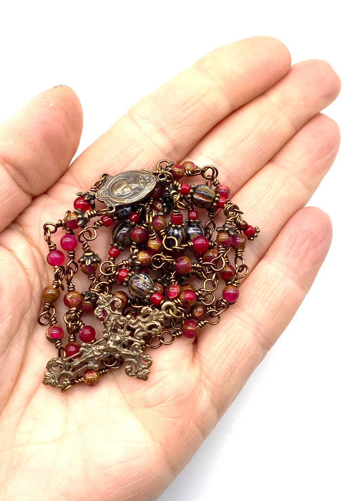 Berry Opal with Bronzite Gemstone Wire Wrapped Catholic Heirloom Rosary PETITE