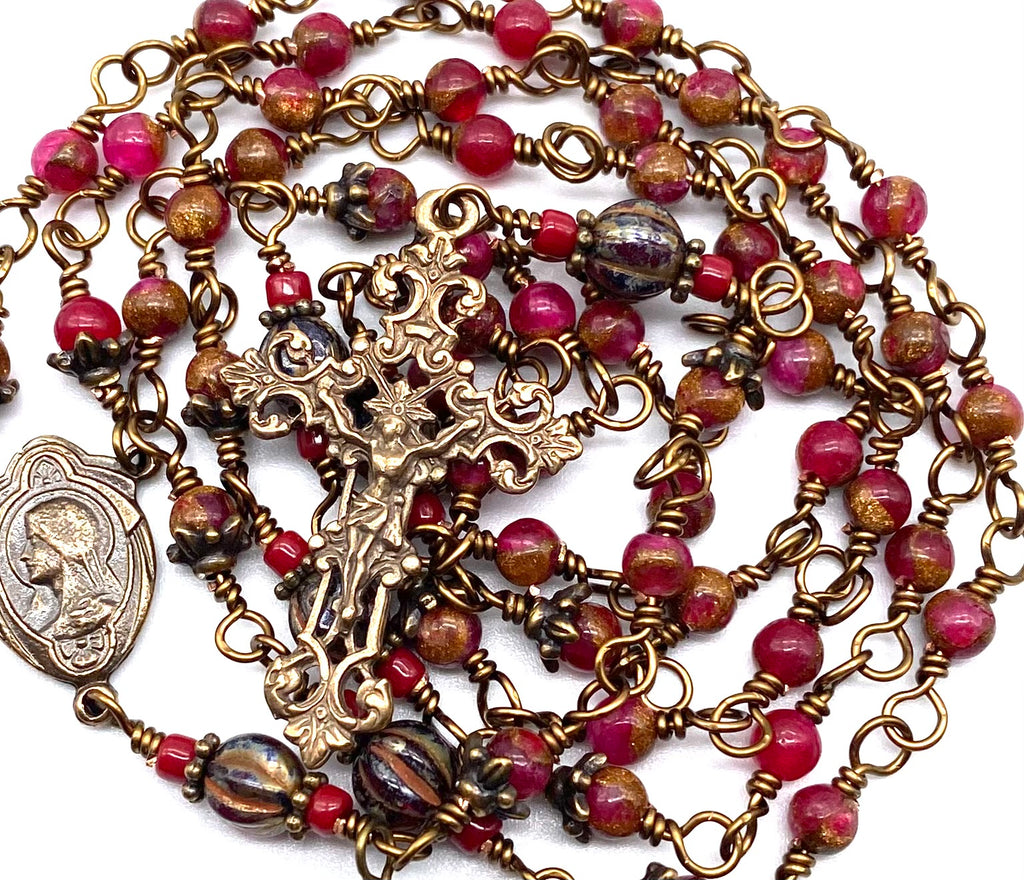 Berry Opal with Bronzite Gemstone Wire Wrapped Catholic Heirloom Rosary PETITE