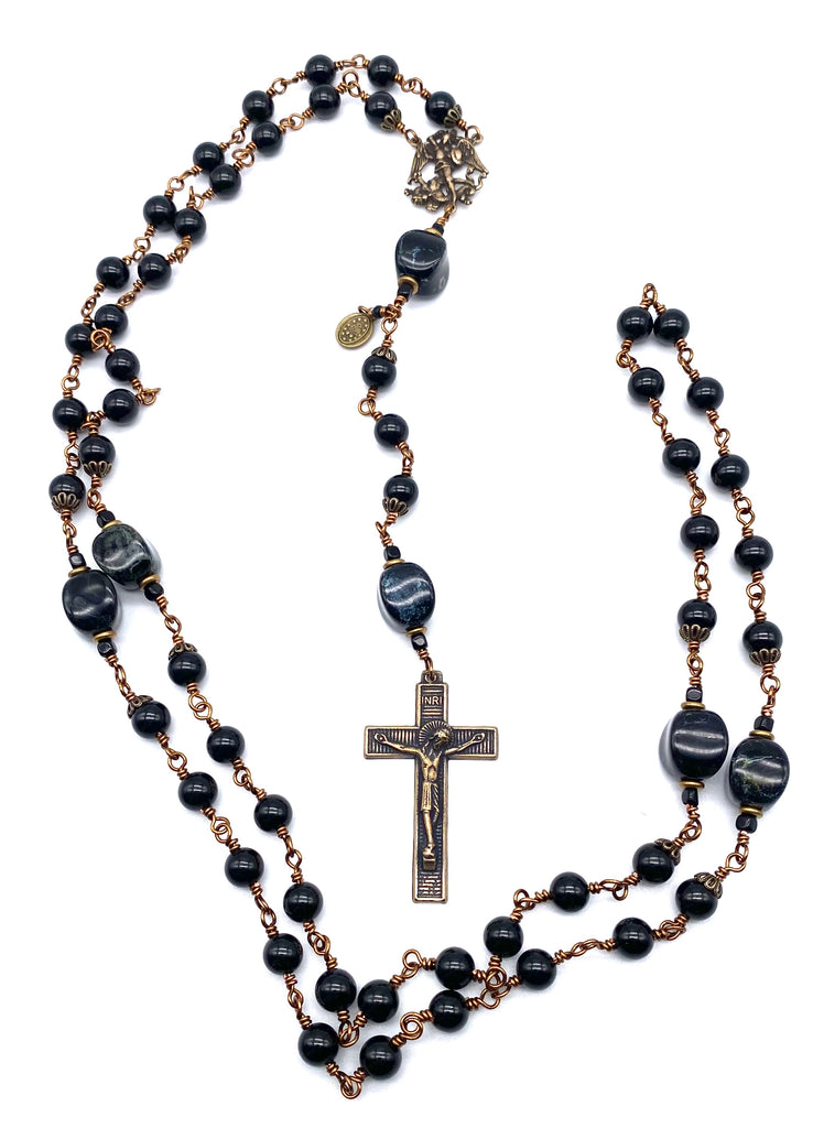Black Onyx Gemstone Wire Wrapped Catholic Heirloom Rosary LARGE